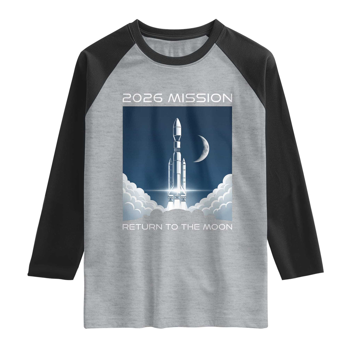 Future Lunar Mission 2026 Raglan Shirt Rocket Launch Lunar Orbit Space Exploration TS02 Heather Gray Black Print Your Wear