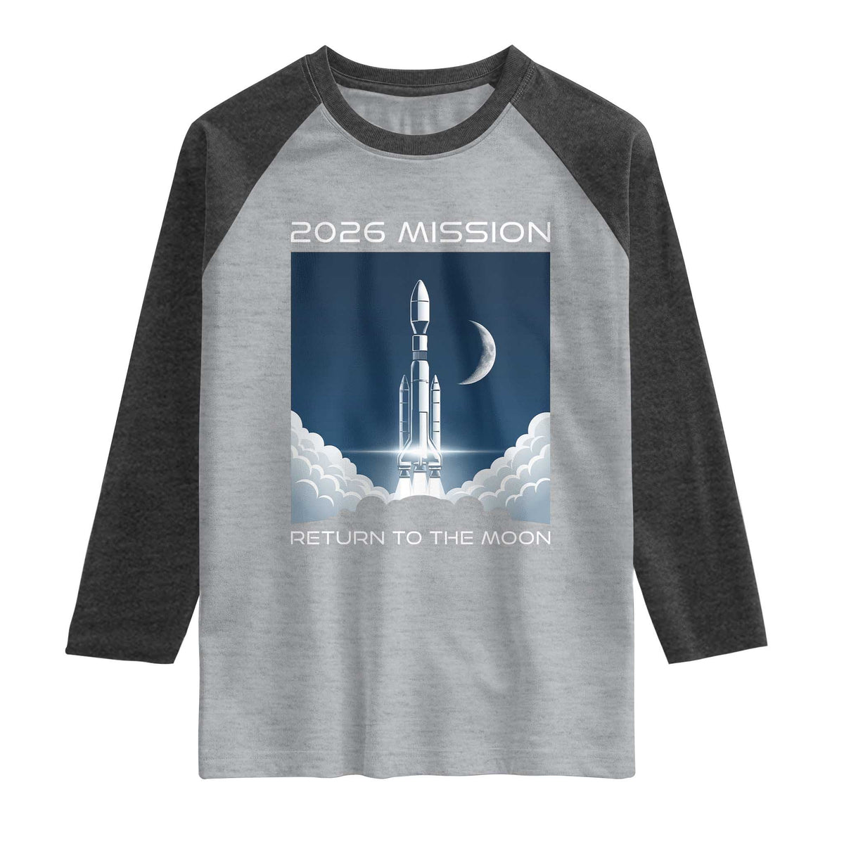 Future Lunar Mission 2026 Raglan Shirt Rocket Launch Lunar Orbit Space Exploration TS02 Heather Gray Heather Charcoal Print Your Wear