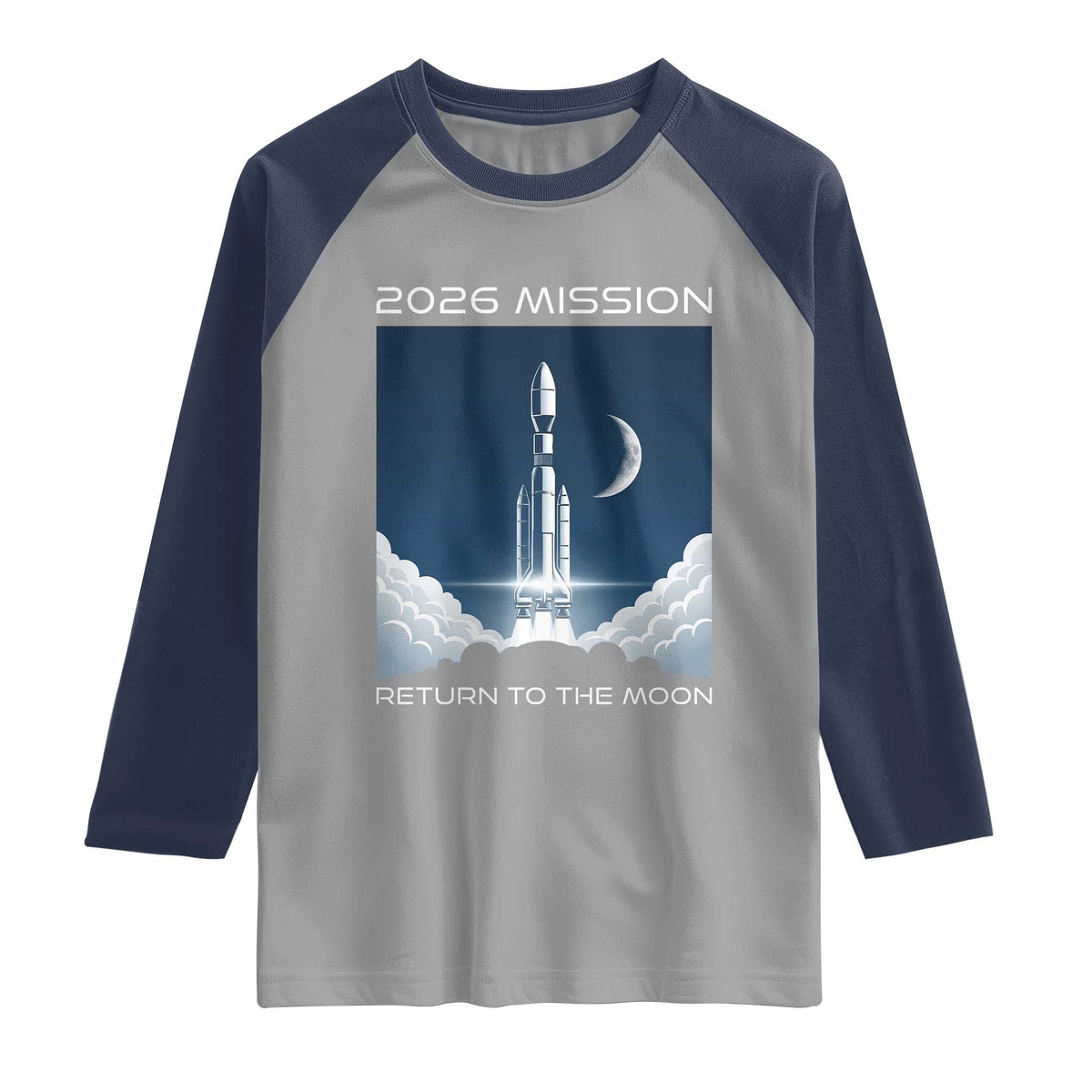 Future Lunar Mission 2026 Raglan Shirt Rocket Launch Lunar Orbit Space Exploration TS02 Sport Gray Navy Print Your Wear