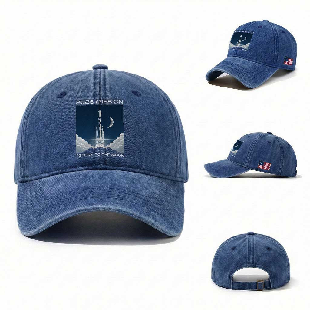 Future Lunar Mission 2026 Washed Cotton Baseball Cap Rocket Launch Lunar Orbit Space Exploration TS02 Washed Cap Universal Fit Royal Blue Print Your Wear