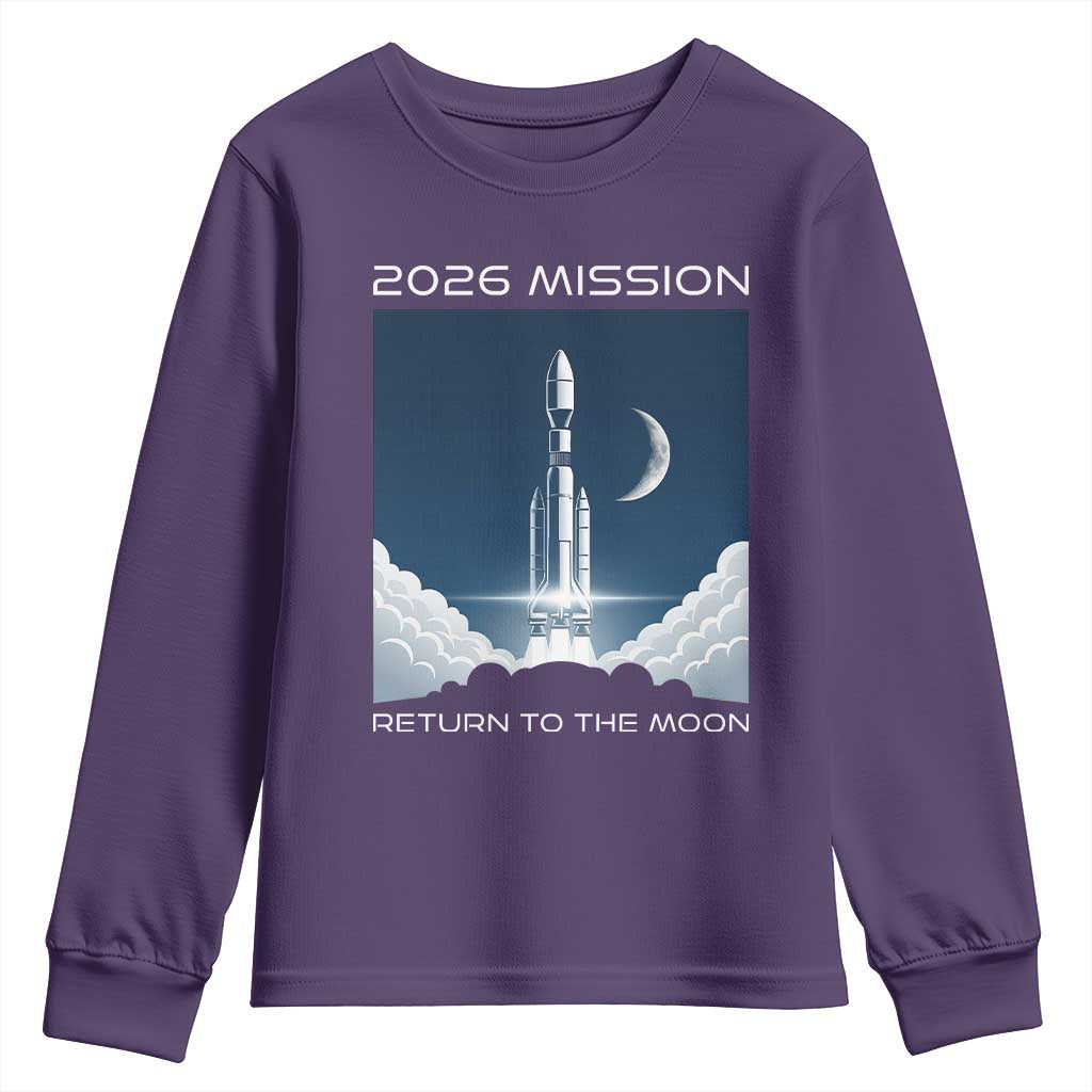 Future Lunar Mission 2026 Youth Sweatshirt Rocket Launch Lunar Orbit Space Exploration TS02 Purple Print Your Wear