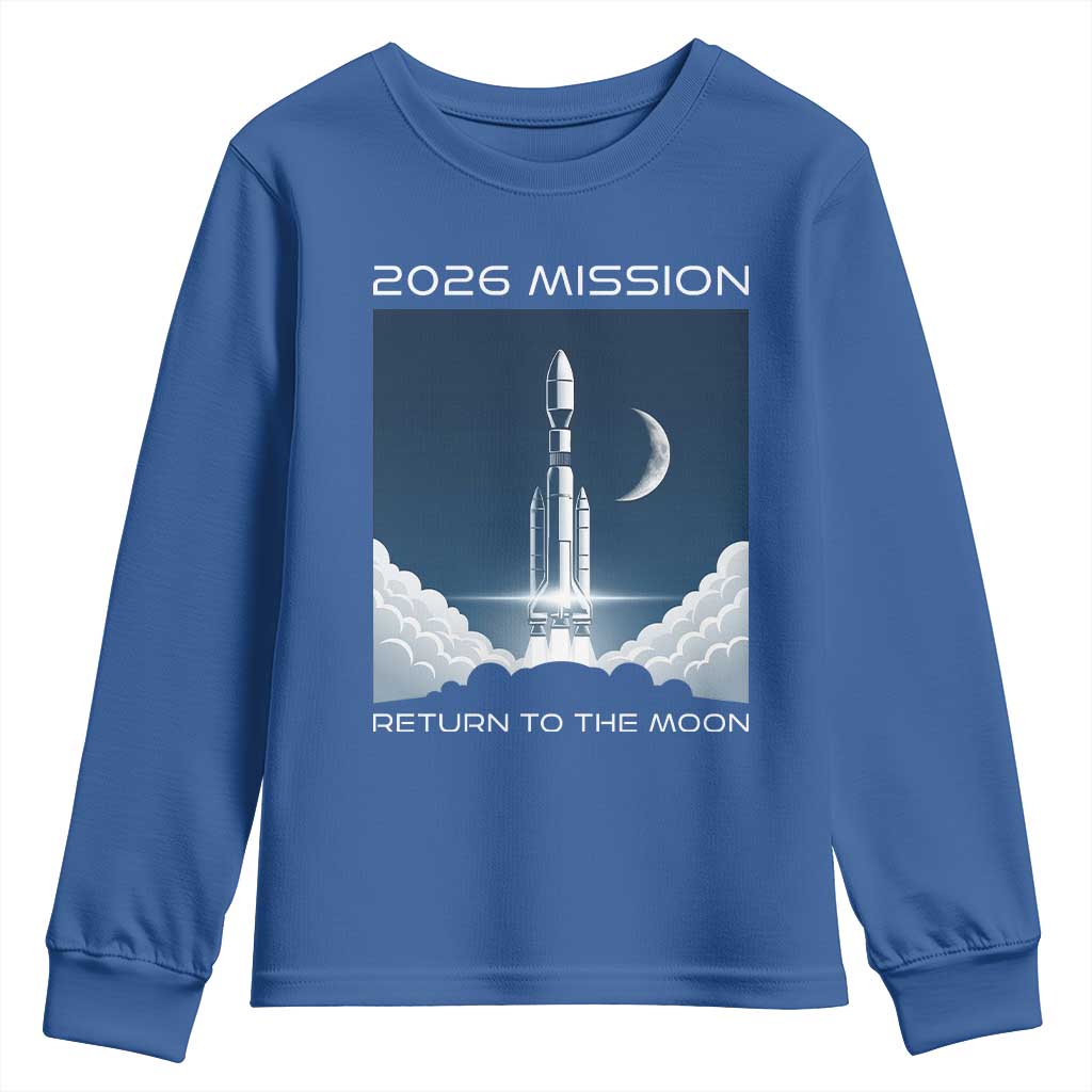 Future Lunar Mission 2026 Youth Sweatshirt Rocket Launch Lunar Orbit Space Exploration TS02 Royal Blue Print Your Wear