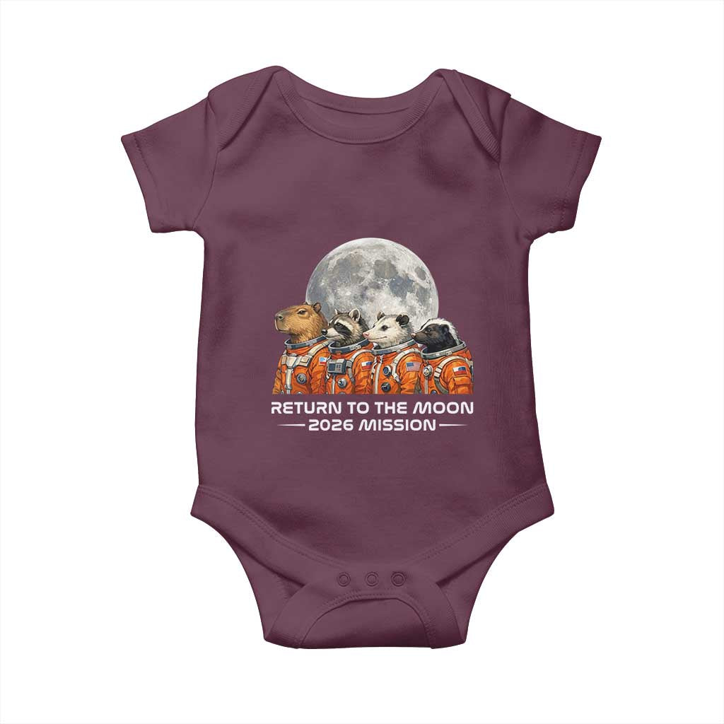 2026 Mission Lunar Orbit Animal Crew Baby Onesie Funny Capybara Raccoon Opossum Skunk Astronauts TS02 Maroon Print Your Wear