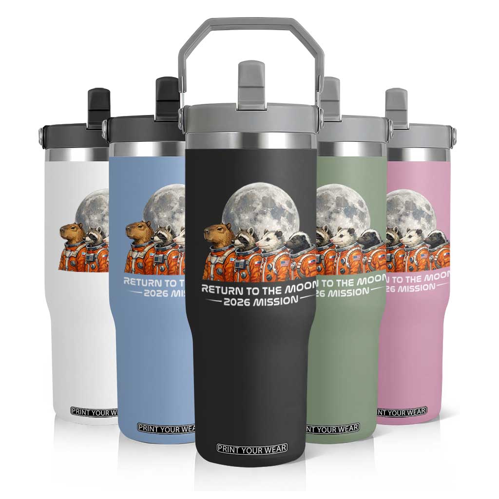 2026 Mission Lunar Orbit Animal Crew Flip Straw Tumbler Funny Capybara Raccoon Opossum Skunk Astronauts TS02 Print Your Wear