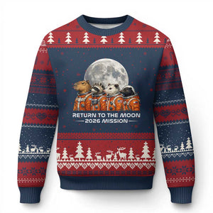 2026 Mission Lunar Orbit Animal Crew Ugly Christmas Sweater Funny Capybara Raccoon Opossum Skunk Astronauts TS02 Navy Red Print Your Wear