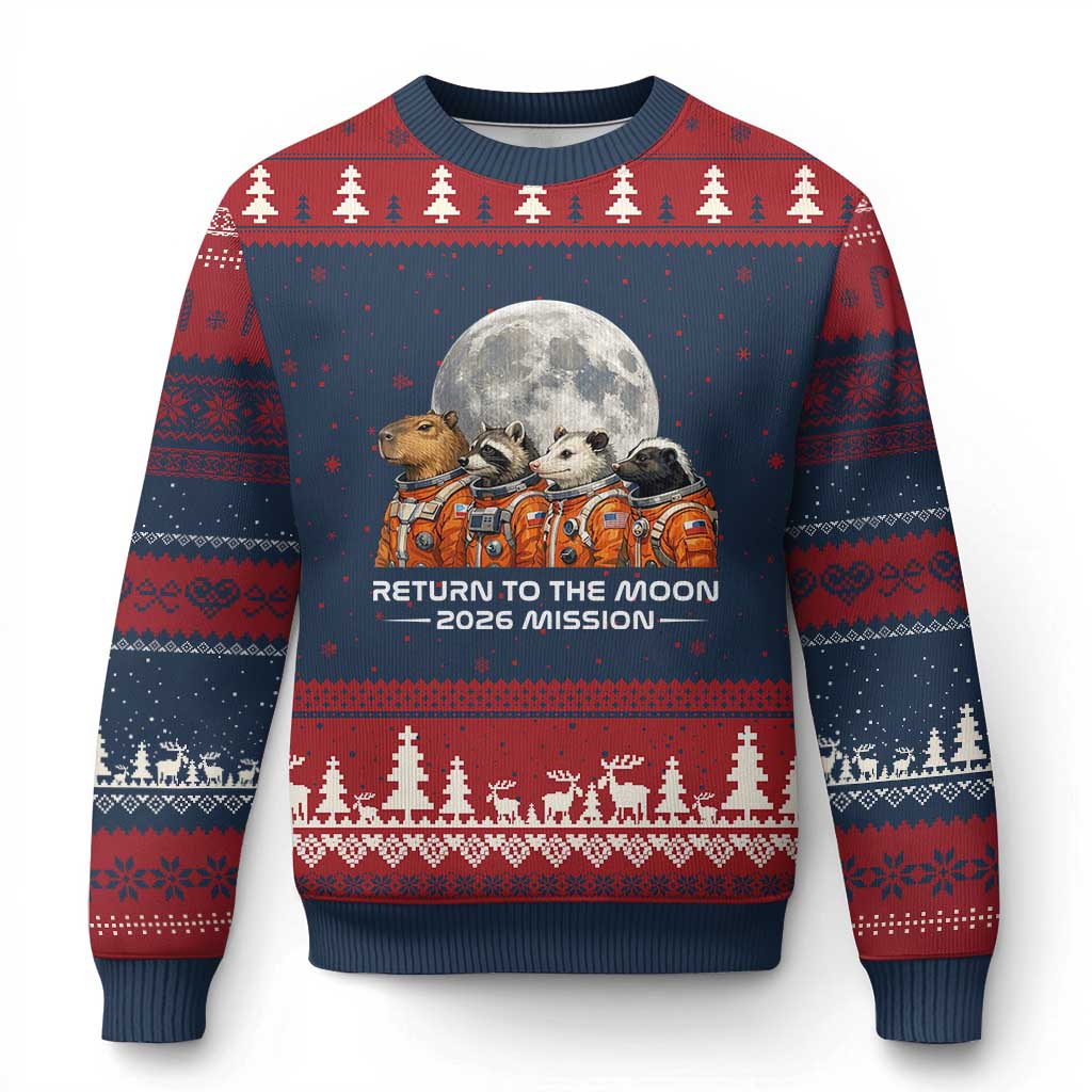 2026 Mission Lunar Orbit Animal Crew Ugly Christmas Sweater Funny Capybara Raccoon Opossum Skunk Astronauts TS02 Navy Red Print Your Wear