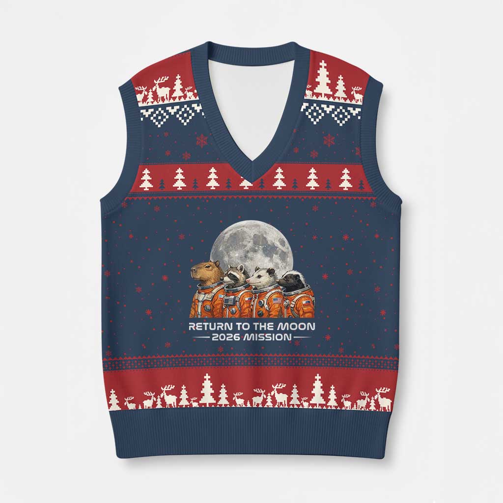 2026 Mission Lunar Orbit Animal Crew V-Neck Knit Sweater Vest Funny Capybara Raccoon Opossum Skunk Astronauts TS02 Navy Red Print Your Wear