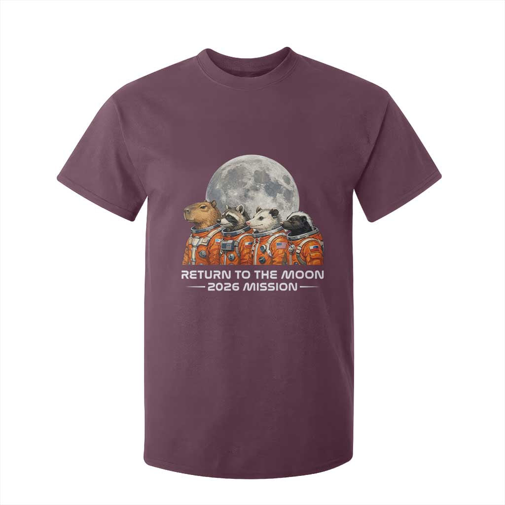 2026 Mission Lunar Orbit Animal Crew T Shirt For Kid Funny Capybara Raccoon Opossum Skunk Astronauts TS02 Maroon Print Your Wear