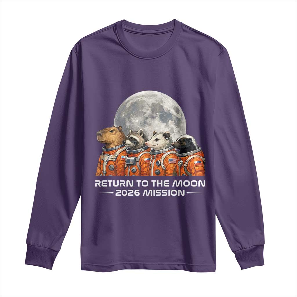 2026 Mission Lunar Orbit Animal Crew Long Sleeve Shirt Funny Capybara Raccoon Opossum Skunk Astronauts TS02 Purple Print Your Wear