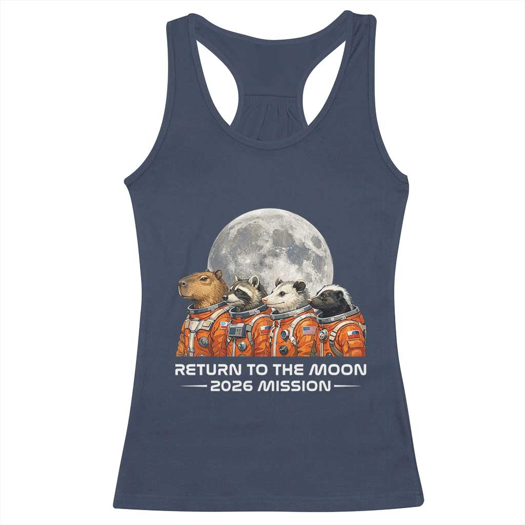 2026 Mission Lunar Orbit Animal Crew Racerback Tank Top Funny Capybara Raccoon Opossum Skunk Astronauts TS02 Navy Print Your Wear