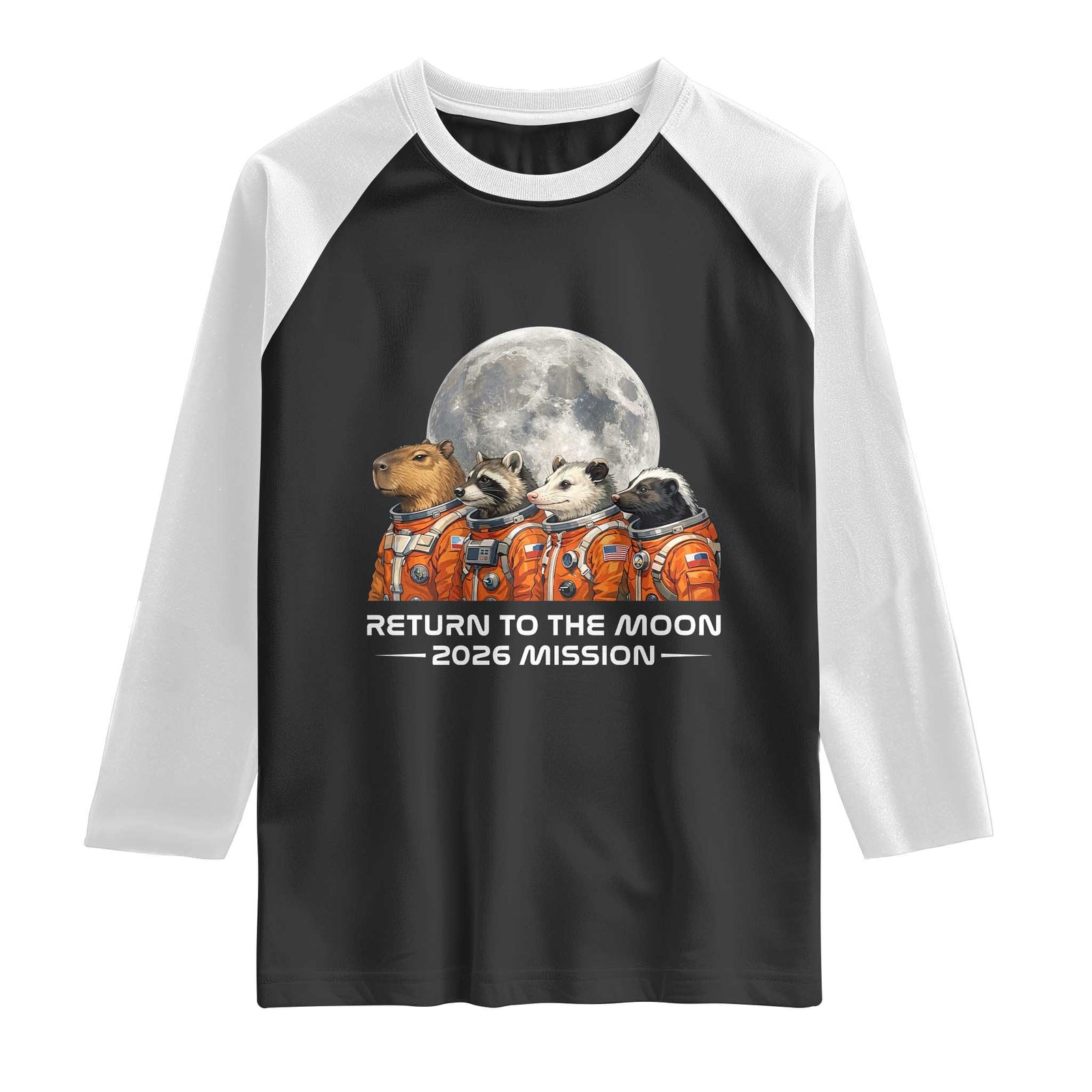 2026 Mission Lunar Orbit Animal Crew Raglan Shirt Funny Capybara Raccoon Opossum Skunk Astronauts TS02 Black White Print Your Wear
