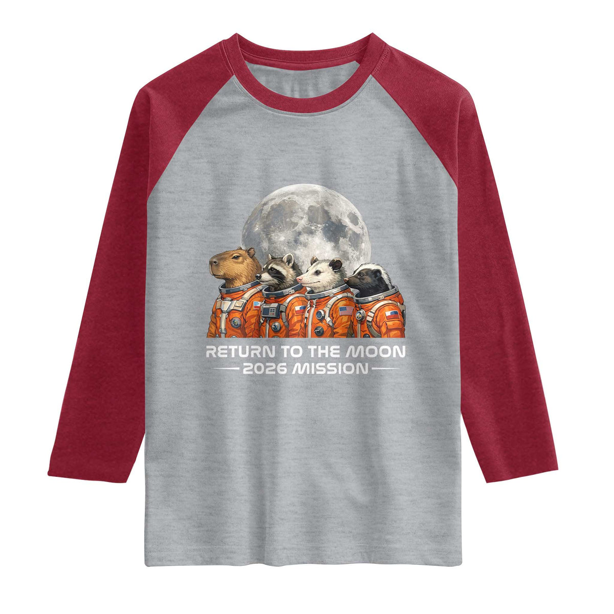 2026 Mission Lunar Orbit Animal Crew Raglan Shirt Funny Capybara Raccoon Opossum Skunk Astronauts TS02 Heather Gray Heather Red Print Your Wear
