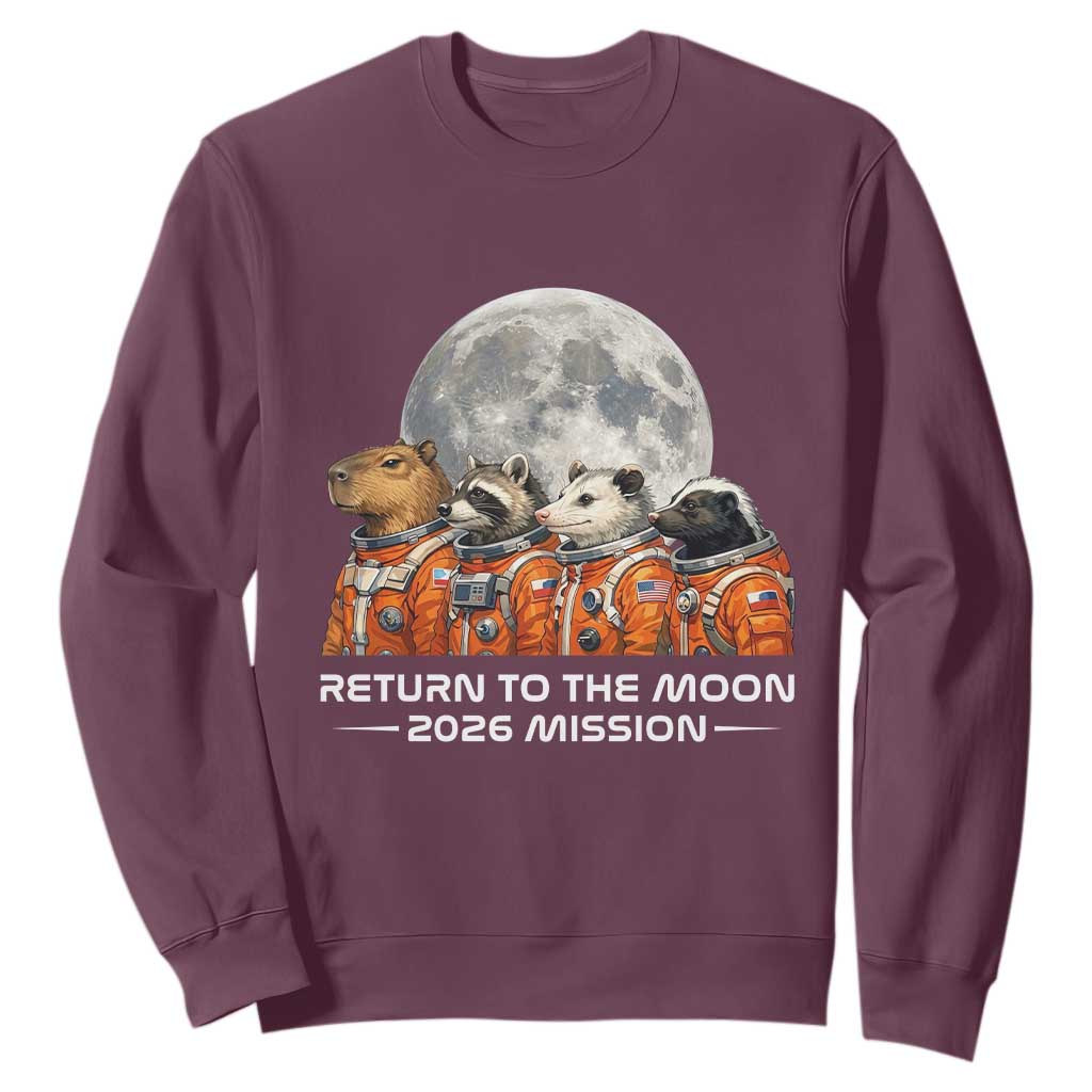 2026 Mission Lunar Orbit Animal Crew Sweatshirt Funny Capybara Raccoon Opossum Skunk Astronauts TS02 Maroon Print Your Wear