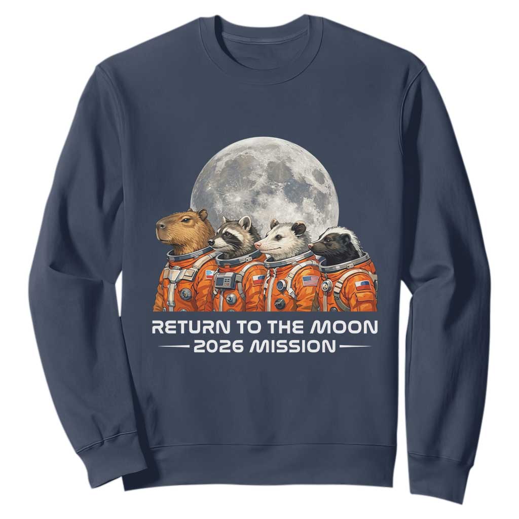 2026 Mission Lunar Orbit Animal Crew Sweatshirt Funny Capybara Raccoon Opossum Skunk Astronauts TS02 Navy Print Your Wear