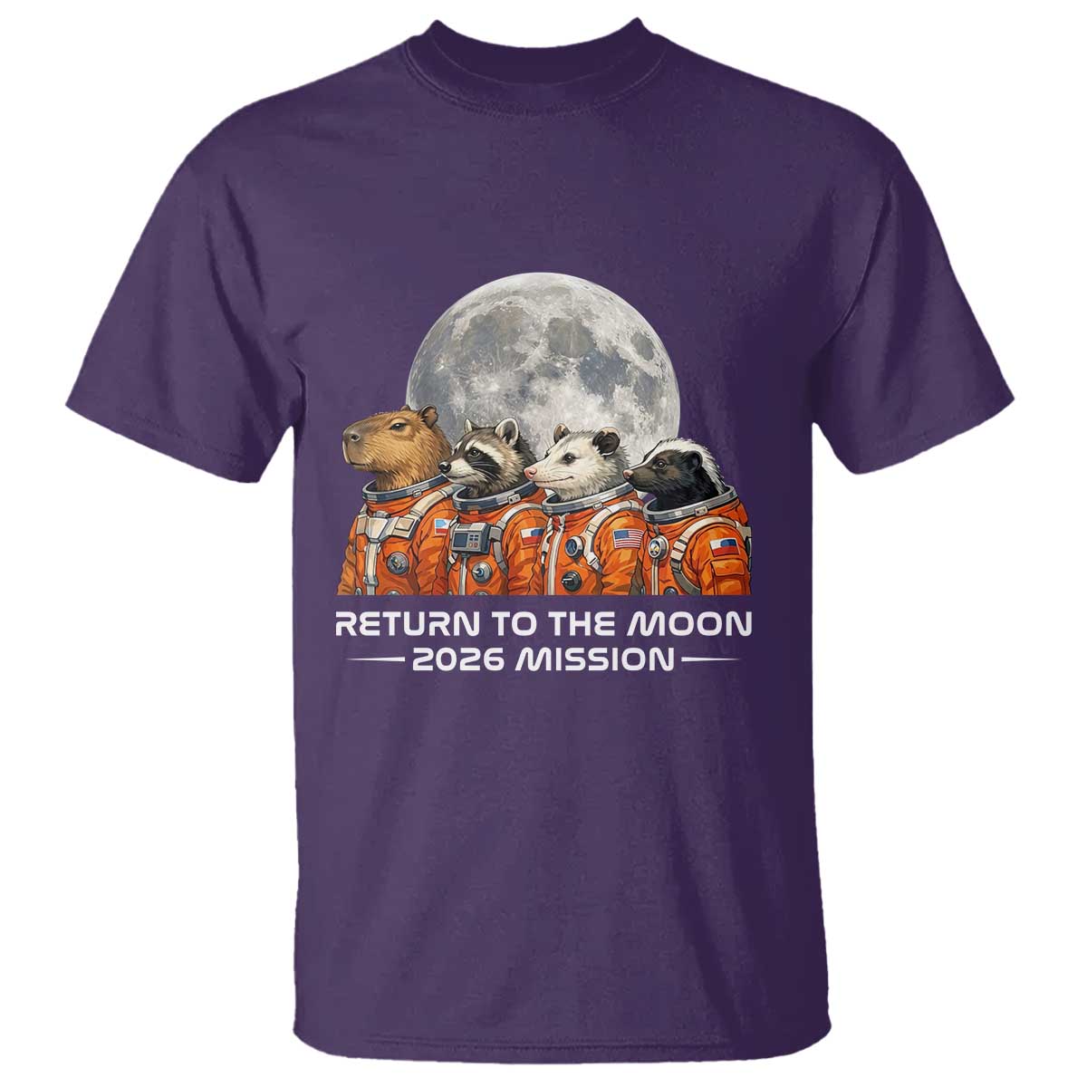 2026 Mission Lunar Orbit Animal Crew T Shirt Funny Capybara Raccoon Opossum Skunk Astronauts TS02 Purple Print Your Wear