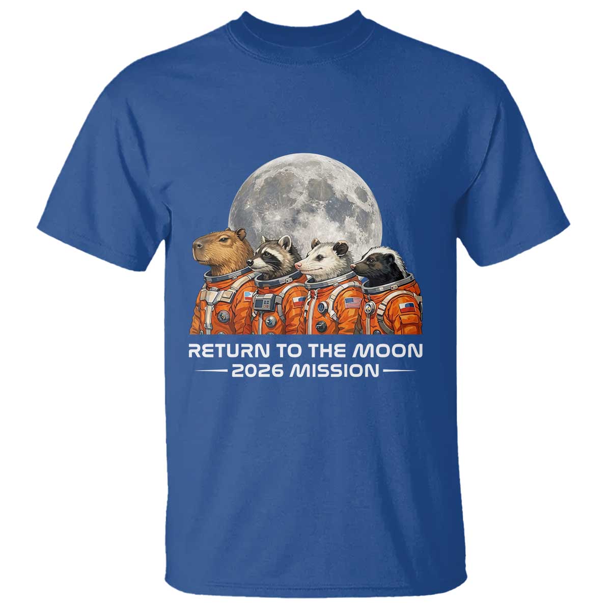 2026 Mission Lunar Orbit Animal Crew T Shirt Funny Capybara Raccoon Opossum Skunk Astronauts TS02 Royal Blue Print Your Wear