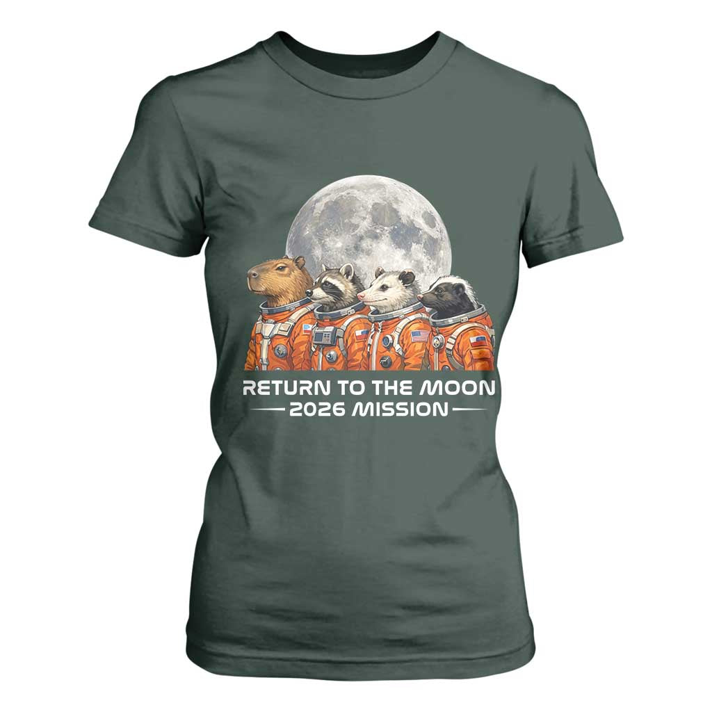 2026 Mission Lunar Orbit Animal Crew T Shirt For Women Funny Capybara Raccoon Opossum Skunk Astronauts TS02 Dark Forest Green Print Your Wear