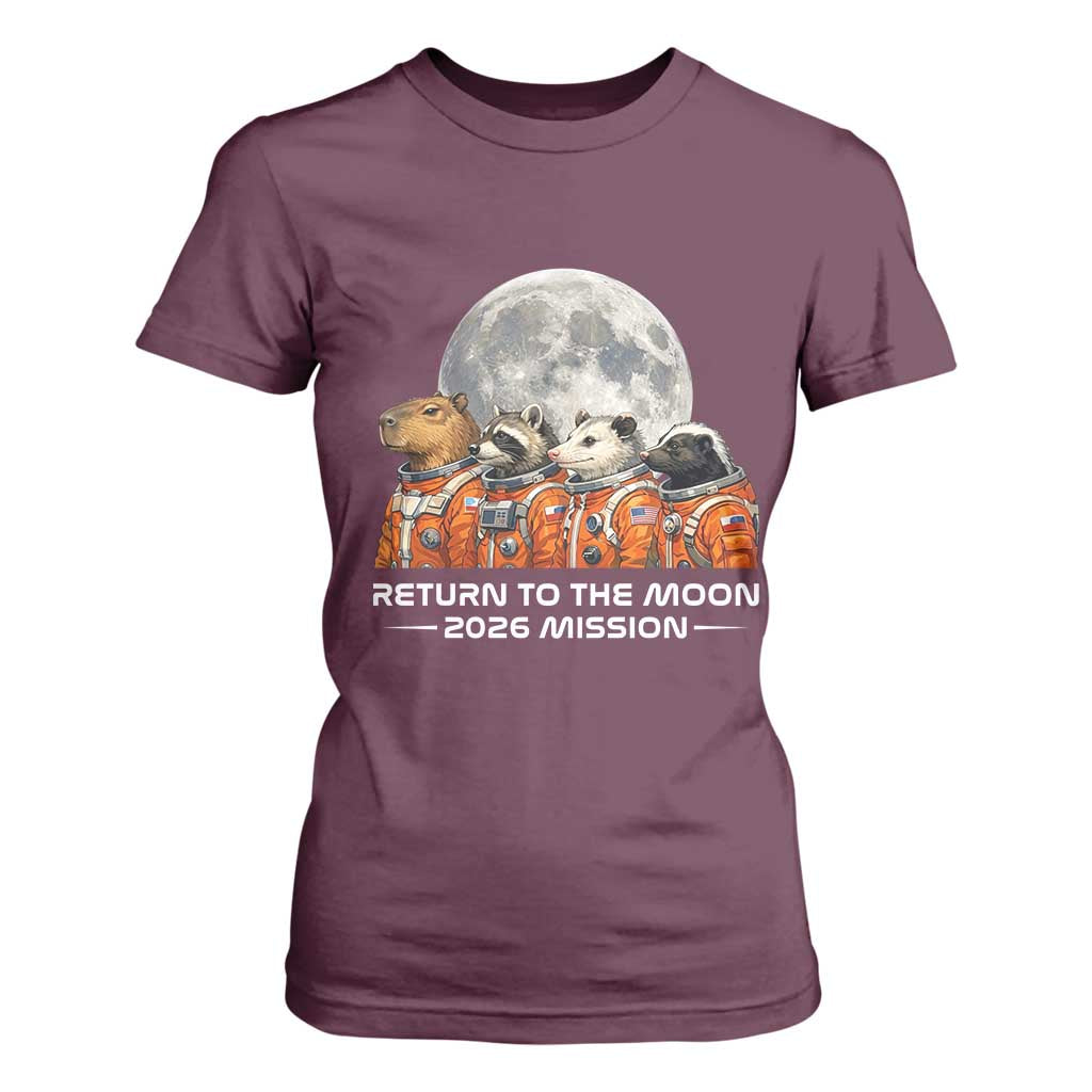 2026 Mission Lunar Orbit Animal Crew T Shirt For Women Funny Capybara Raccoon Opossum Skunk Astronauts TS02 Maroon Print Your Wear