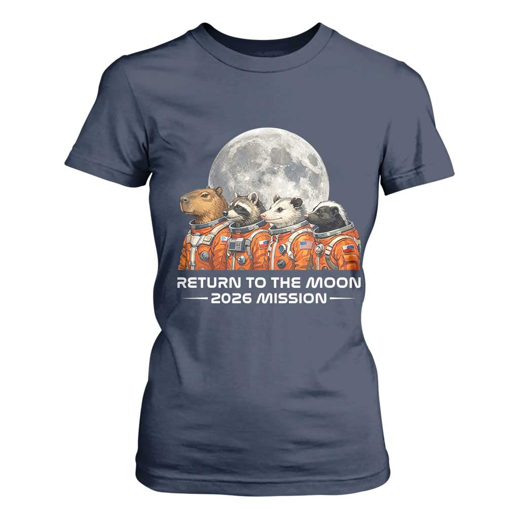 2026 Mission Lunar Orbit Animal Crew T Shirt For Women Funny Capybara Raccoon Opossum Skunk Astronauts TS02 Navy Print Your Wear