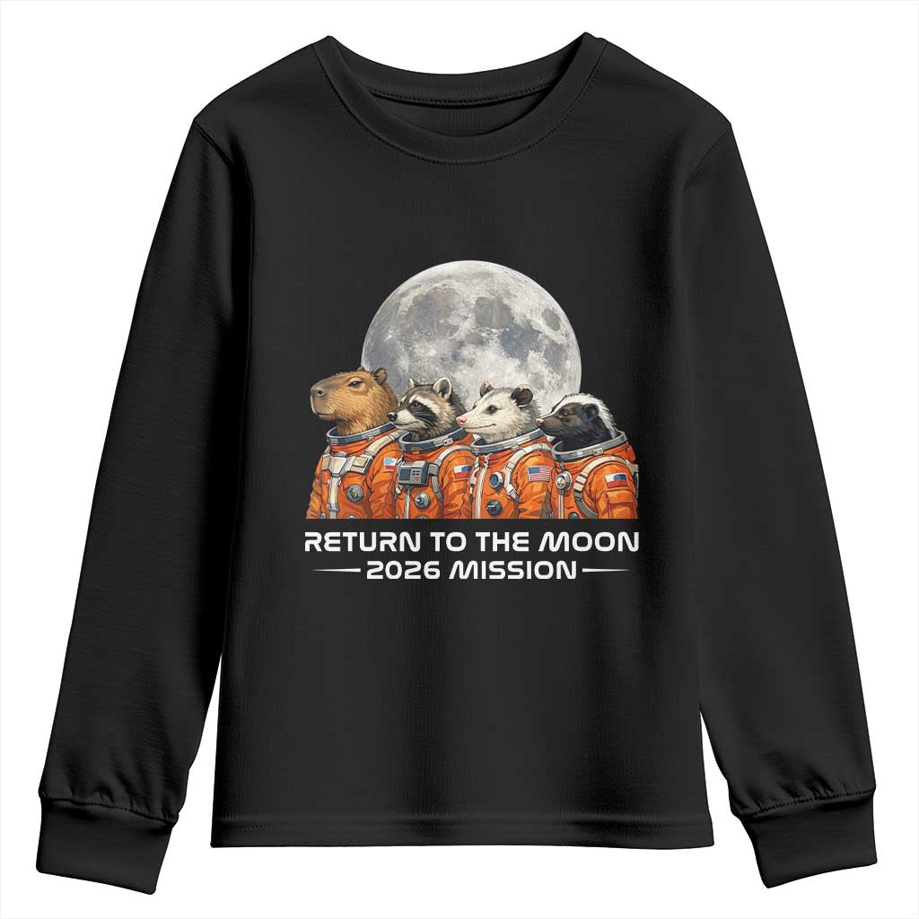 2026 Mission Lunar Orbit Animal Crew Youth Sweatshirt Funny Capybara Raccoon Opossum Skunk Astronauts TS02 Black Print Your Wear
