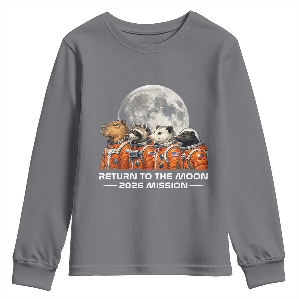 2026 Mission Lunar Orbit Animal Crew Youth Sweatshirt Funny Capybara Raccoon Opossum Skunk Astronauts TS02 Charcoal Print Your Wear