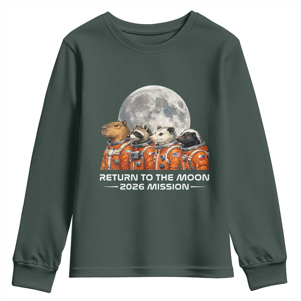 2026 Mission Lunar Orbit Animal Crew Youth Sweatshirt Funny Capybara Raccoon Opossum Skunk Astronauts TS02 Dark Forest Green Print Your Wear