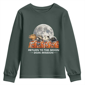 2026 Mission Lunar Orbit Animal Crew Youth Sweatshirt Funny Capybara Raccoon Opossum Skunk Astronauts TS02 Dark Forest Green Print Your Wear