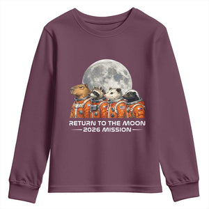 2026 Mission Lunar Orbit Animal Crew Youth Sweatshirt Funny Capybara Raccoon Opossum Skunk Astronauts TS02 Maroon Print Your Wear