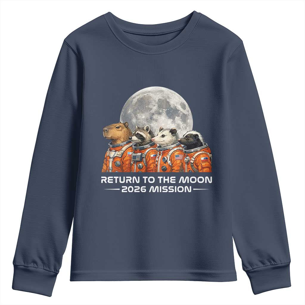 2026 Mission Lunar Orbit Animal Crew Youth Sweatshirt Funny Capybara Raccoon Opossum Skunk Astronauts TS02 Navy Print Your Wear