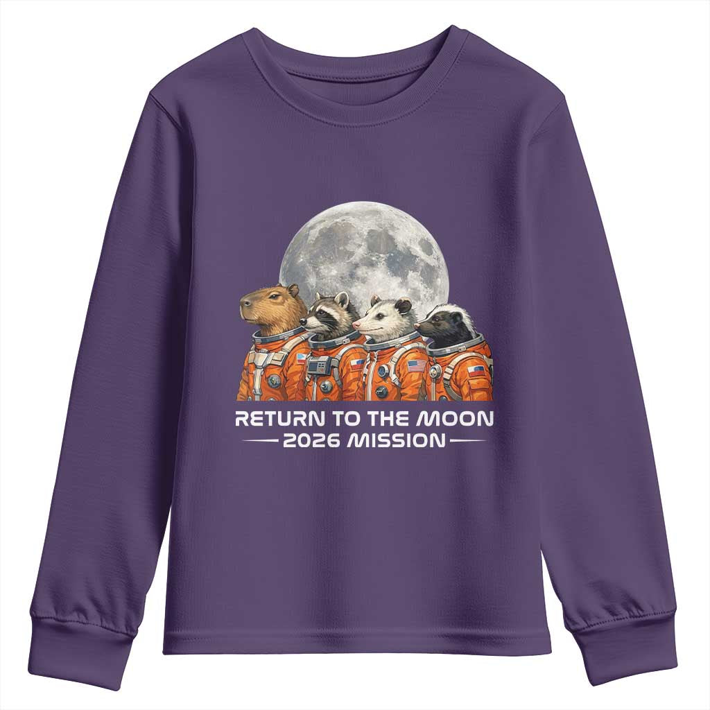 2026 Mission Lunar Orbit Animal Crew Youth Sweatshirt Funny Capybara Raccoon Opossum Skunk Astronauts TS02 Purple Print Your Wear