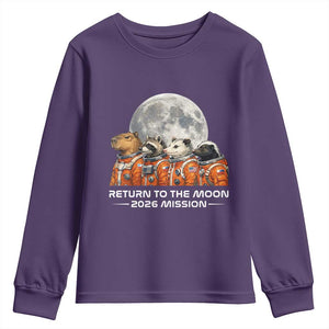 2026 Mission Lunar Orbit Animal Crew Youth Sweatshirt Funny Capybara Raccoon Opossum Skunk Astronauts TS02 Purple Print Your Wear