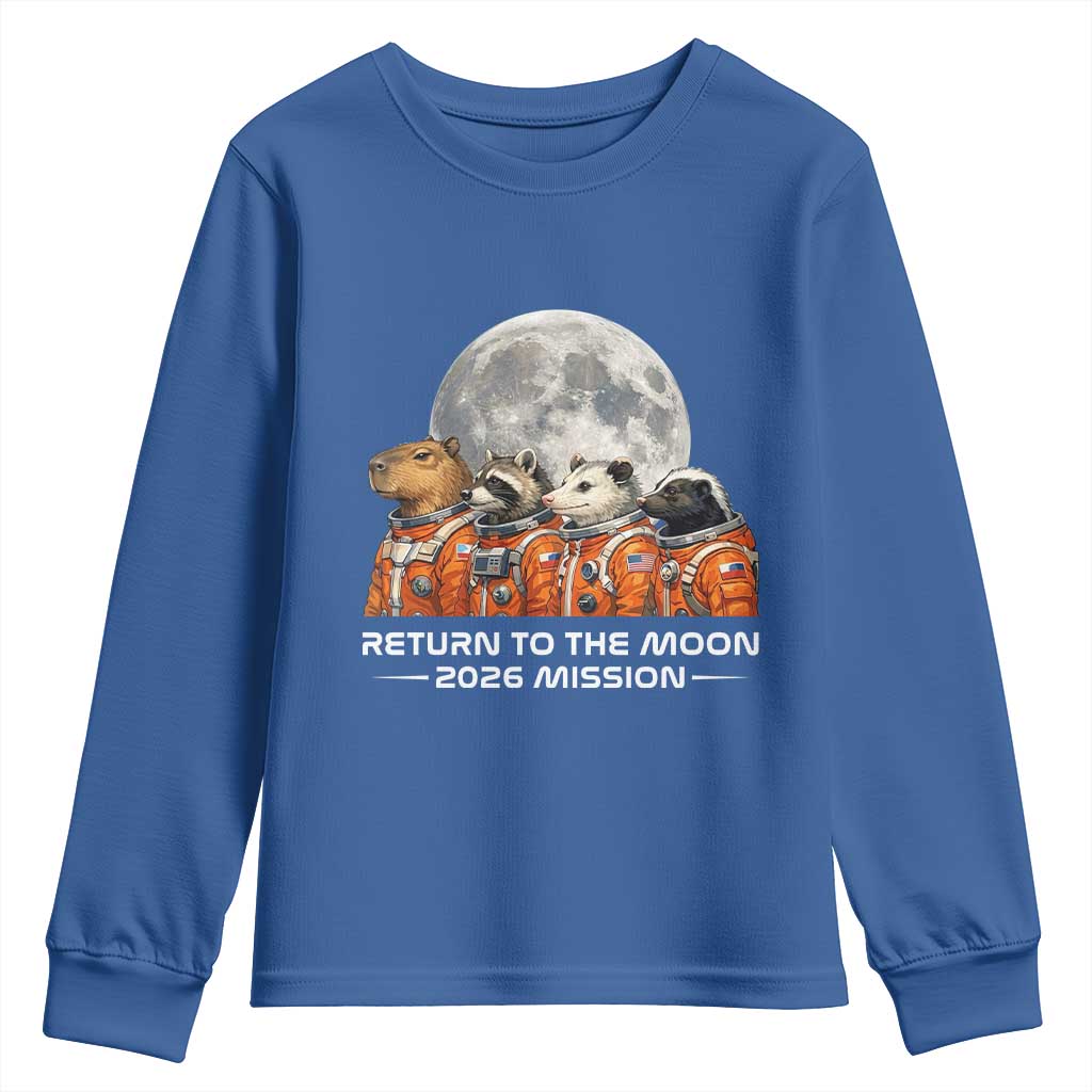 2026 Mission Lunar Orbit Animal Crew Youth Sweatshirt Funny Capybara Raccoon Opossum Skunk Astronauts TS02 Royal Blue Print Your Wear