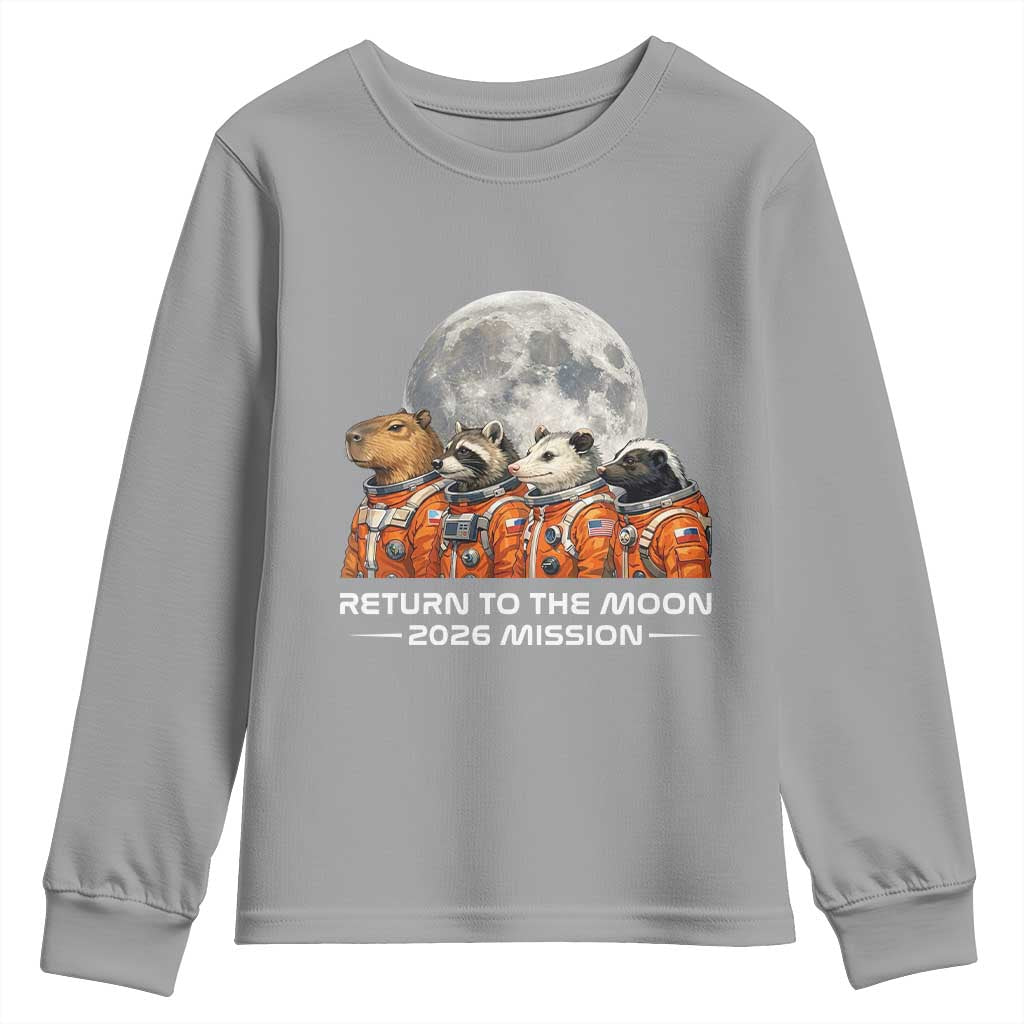 2026 Mission Lunar Orbit Animal Crew Youth Sweatshirt Funny Capybara Raccoon Opossum Skunk Astronauts TS02 Sport Gray Print Your Wear