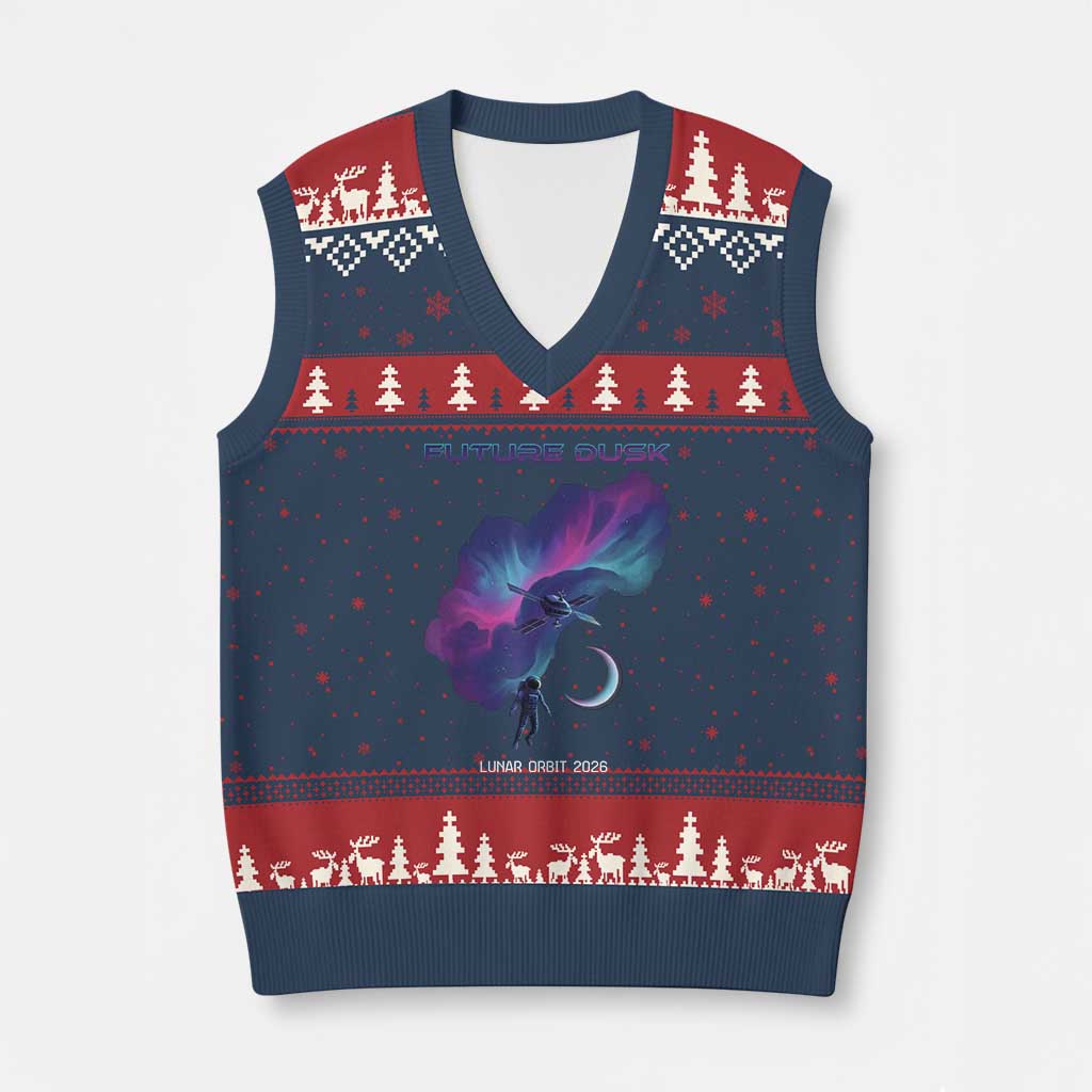 Future Dusk Lunar Orbit 2026 V-Neck Knit Sweater Vest Cosmic Nebula Astronaut n Satellite Space Exploration TS02 Navy Red Print Your Wear