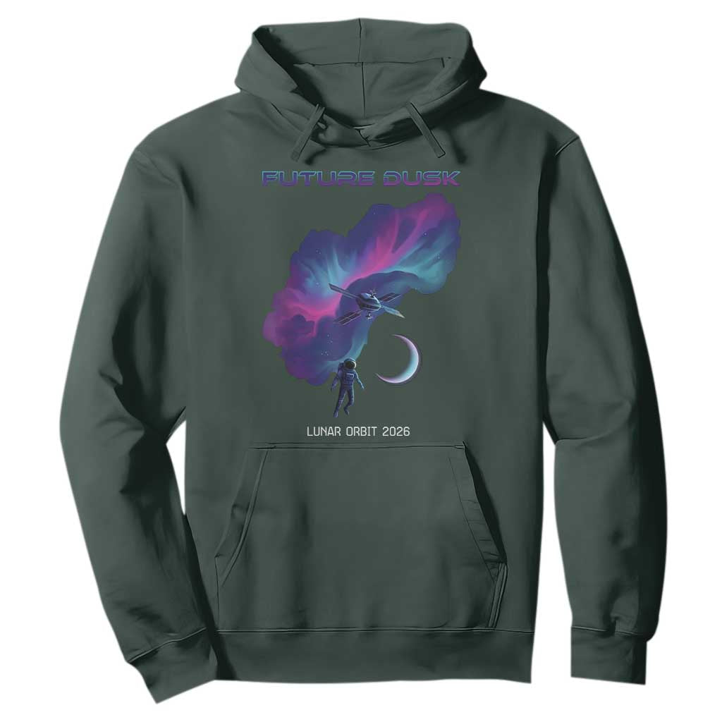 Future Dusk Lunar Orbit 2026 Hoodie Cosmic Nebula Astronaut n Satellite Space Exploration TS02 Dark Forest Green Print Your Wear