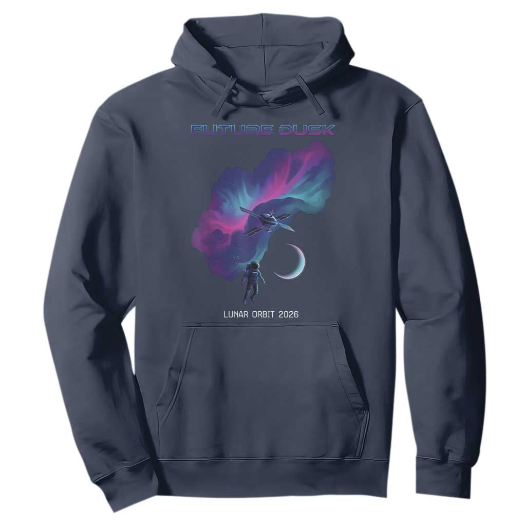 Future Dusk Lunar Orbit 2026 Hoodie Cosmic Nebula Astronaut n Satellite Space Exploration TS02 Navy Print Your Wear