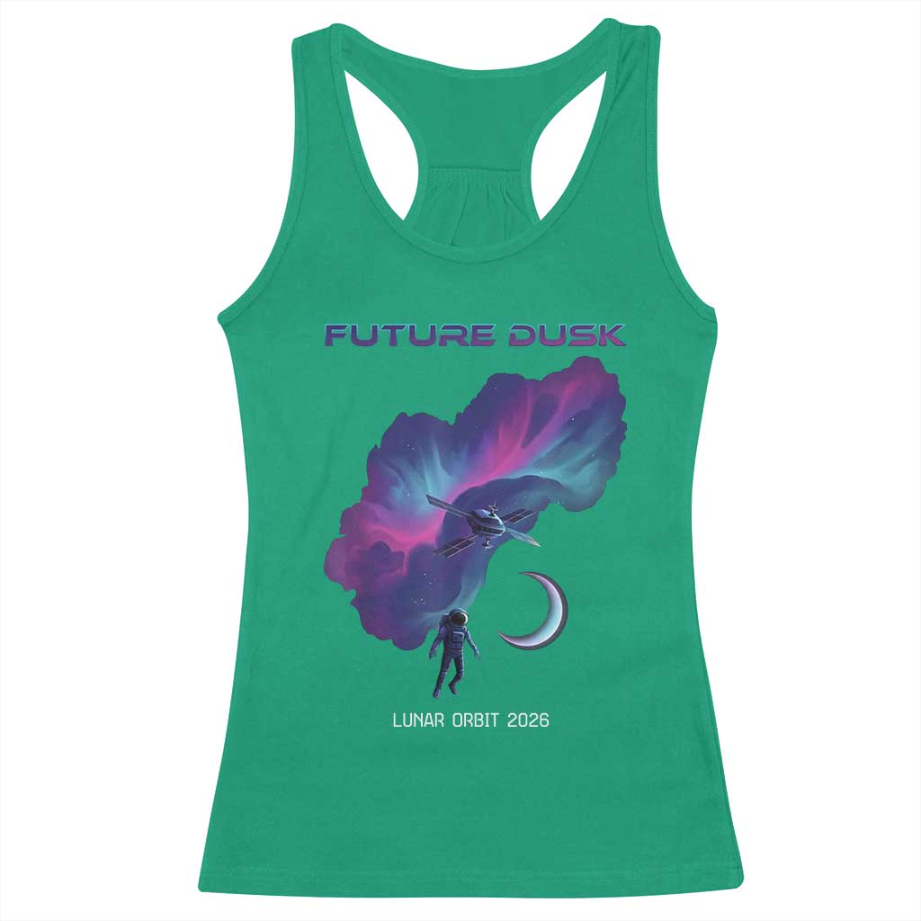 Future Dusk Lunar Orbit 2026 Racerback Tank Top Cosmic Nebula Astronaut n Satellite Space Exploration TS02 Irish Green Print Your Wear