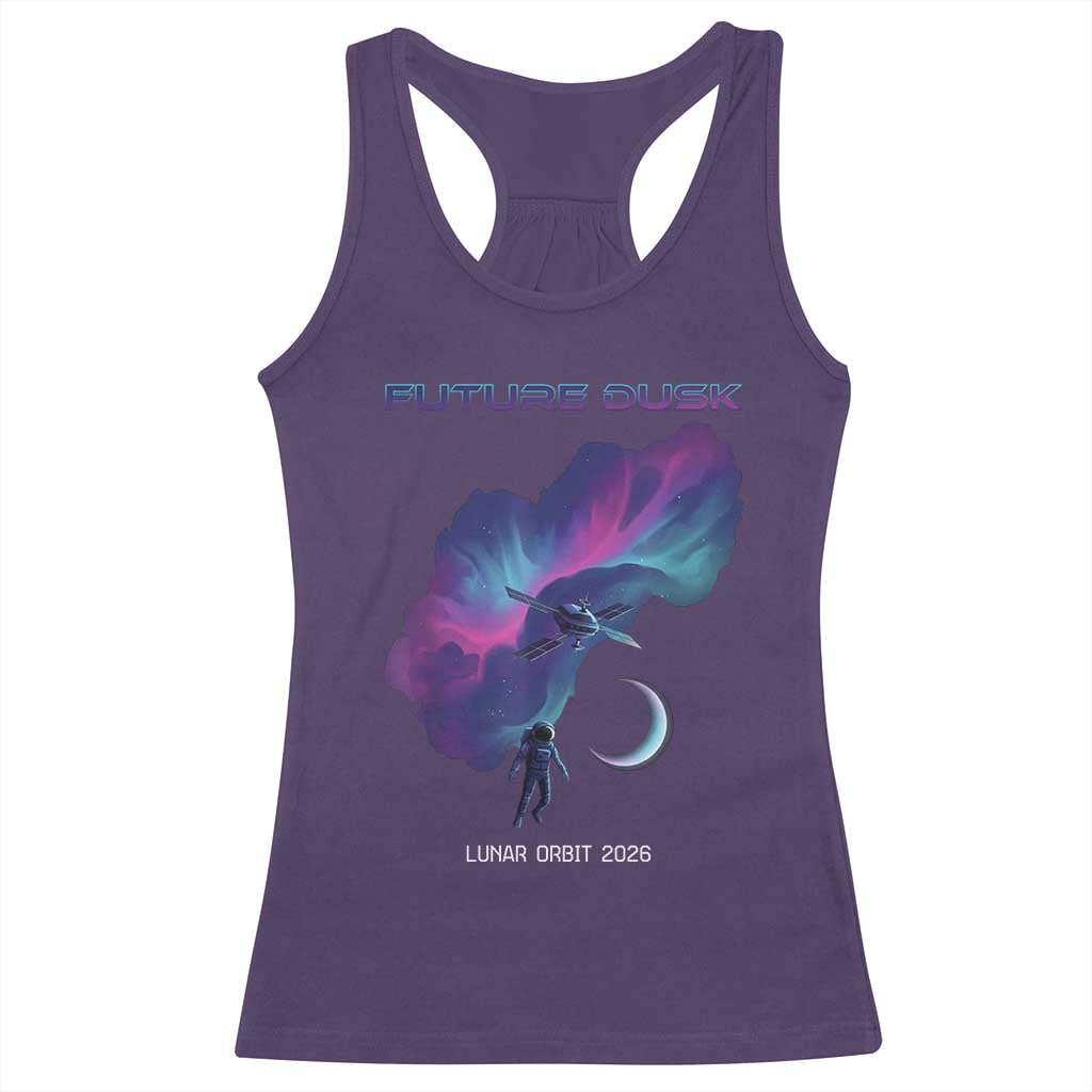 Future Dusk Lunar Orbit 2026 Racerback Tank Top Cosmic Nebula Astronaut n Satellite Space Exploration TS02 Purple Print Your Wear