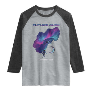 Future Dusk Lunar Orbit 2026 Raglan Shirt Cosmic Nebula Astronaut n Satellite Space Exploration TS02 Heather Gray Heather Charcoal Print Your Wear