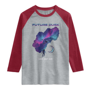 Future Dusk Lunar Orbit 2026 Raglan Shirt Cosmic Nebula Astronaut n Satellite Space Exploration TS02 Heather Gray Heather Red Print Your Wear