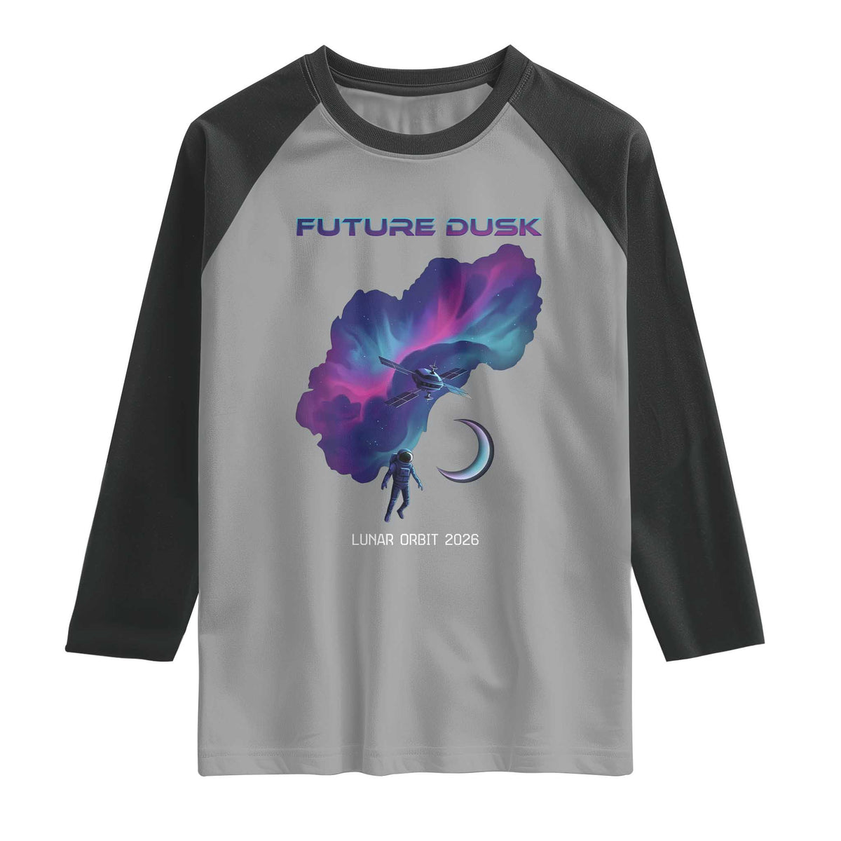 Future Dusk Lunar Orbit 2026 Raglan Shirt Cosmic Nebula Astronaut n Satellite Space Exploration TS02 Sport Gray Black Print Your Wear
