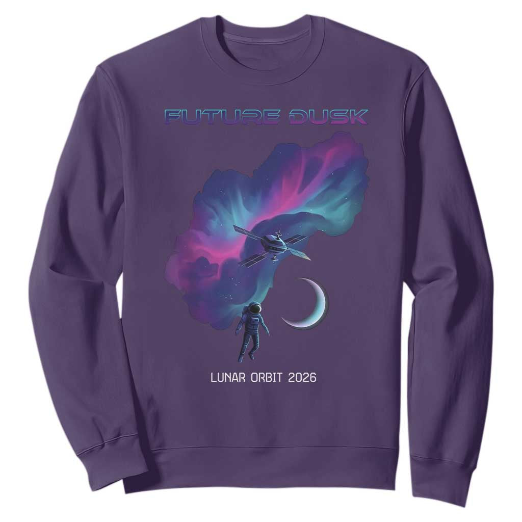 Future Dusk Lunar Orbit 2026 Sweatshirt Cosmic Nebula Astronaut n Satellite Space Exploration TS02 Purple Print Your Wear