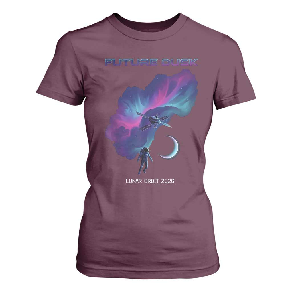 Future Dusk Lunar Orbit 2026 T Shirt For Women Cosmic Nebula Astronaut n Satellite Space Exploration TS02 Maroon Print Your Wear