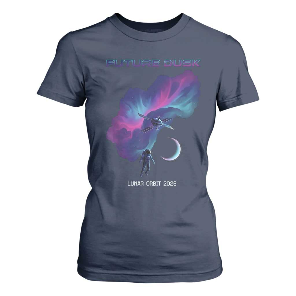 Future Dusk Lunar Orbit 2026 T Shirt For Women Cosmic Nebula Astronaut n Satellite Space Exploration TS02 Navy Print Your Wear