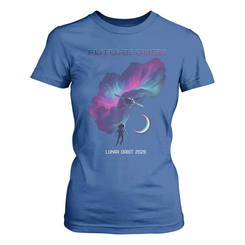 Future Dusk Lunar Orbit 2026 T Shirt For Women Cosmic Nebula Astronaut n Satellite Space Exploration TS02 Royal Blue Print Your Wear