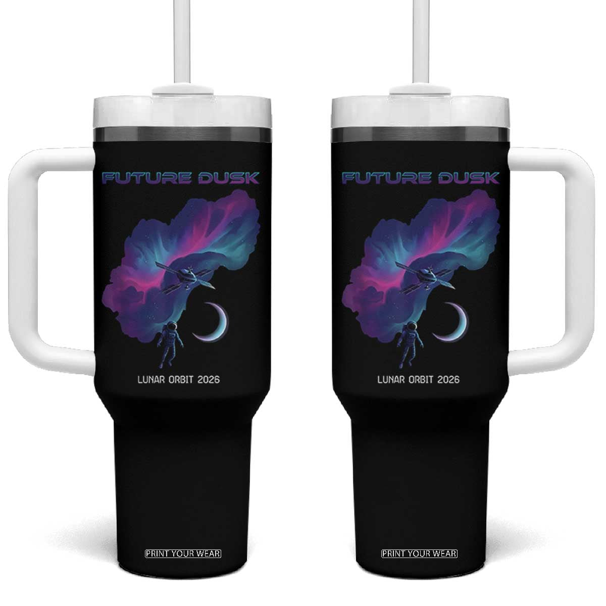 Future Dusk Lunar Orbit 2026 Tumbler With Handle Cosmic Nebula Astronaut n Satellite Space Exploration TS02 One Size: 40 oz Black Print Your Wear