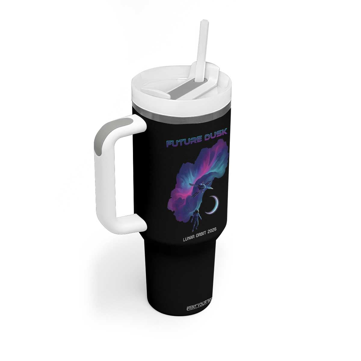 Future Dusk Lunar Orbit 2026 Tumbler With Handle Cosmic Nebula Astronaut n Satellite Space Exploration TS02 Print Your Wear