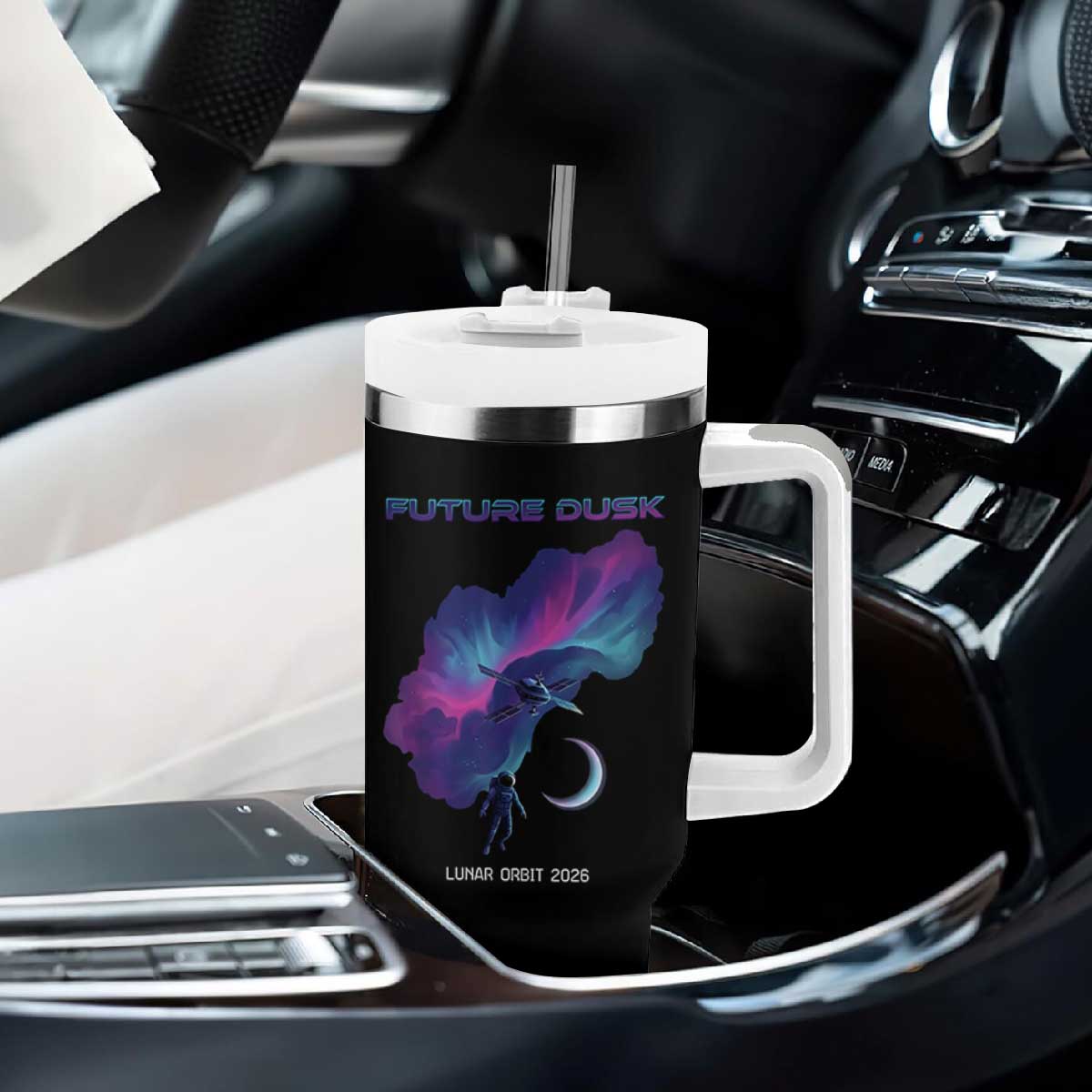 Future Dusk Lunar Orbit 2026 Tumbler With Handle Cosmic Nebula Astronaut n Satellite Space Exploration TS02 Print Your Wear