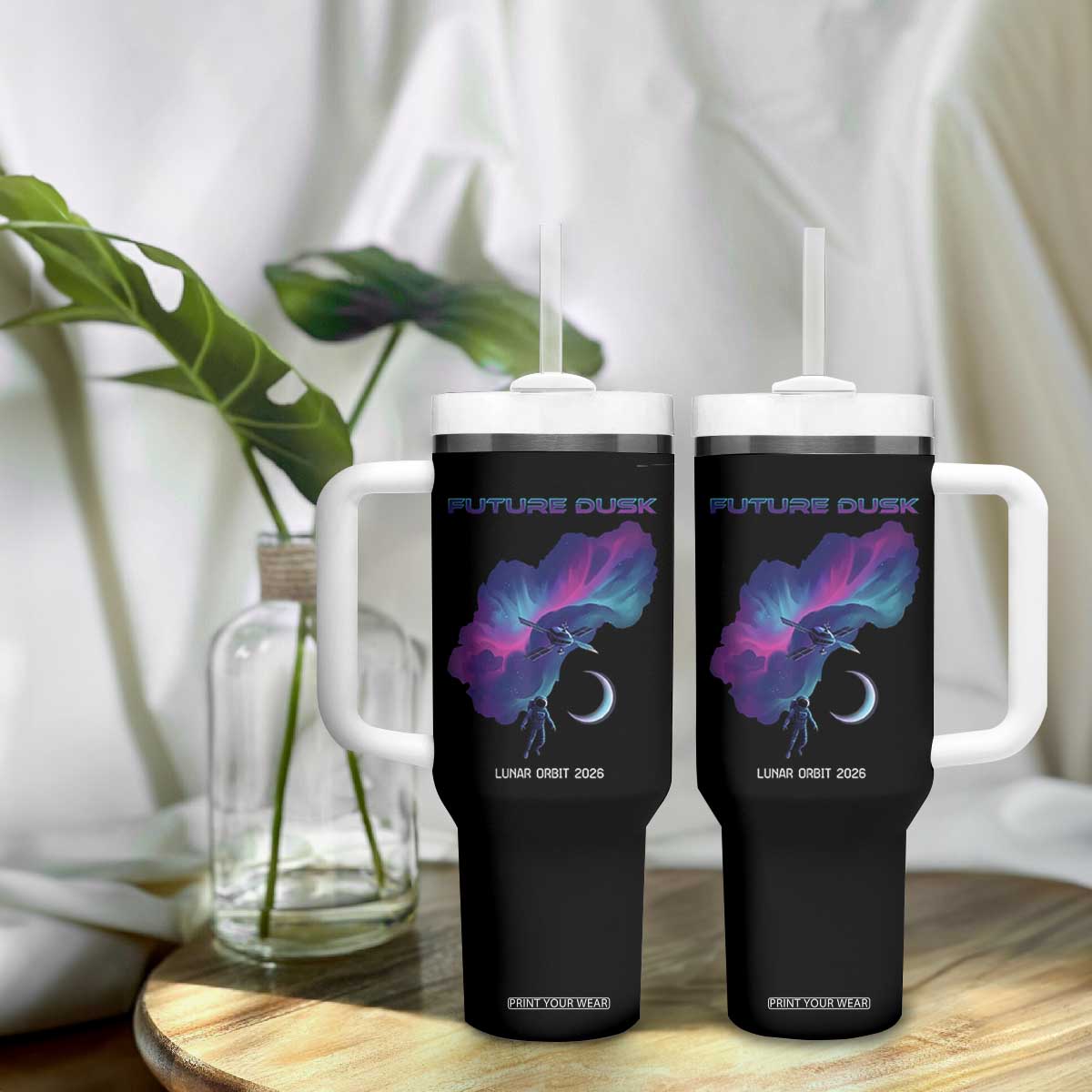Future Dusk Lunar Orbit 2026 Tumbler With Handle Cosmic Nebula Astronaut n Satellite Space Exploration TS02 Print Your Wear