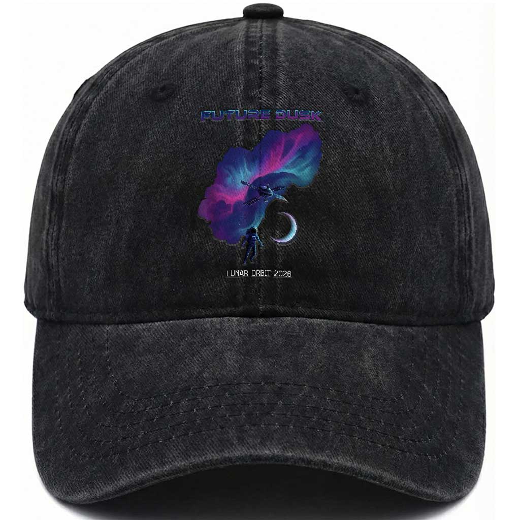 Future Dusk Lunar Orbit 2026 Washed Cotton Baseball Cap Cosmic Nebula Astronaut n Satellite Space Exploration TS02 Print Your Wear